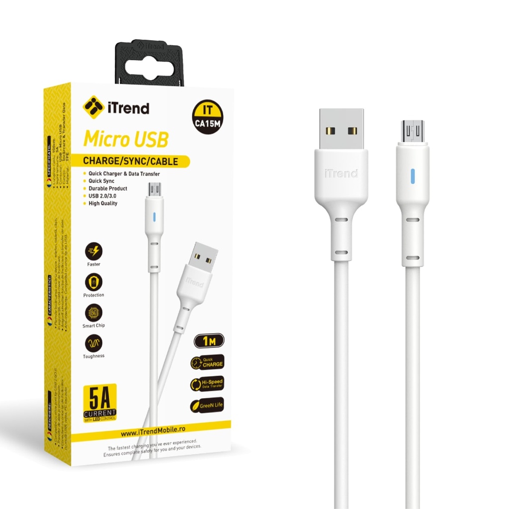 [CA15M-WH] Cablu Date si Incarcare, USB-A la Micro-USB, 1m, ALB (CA15M)