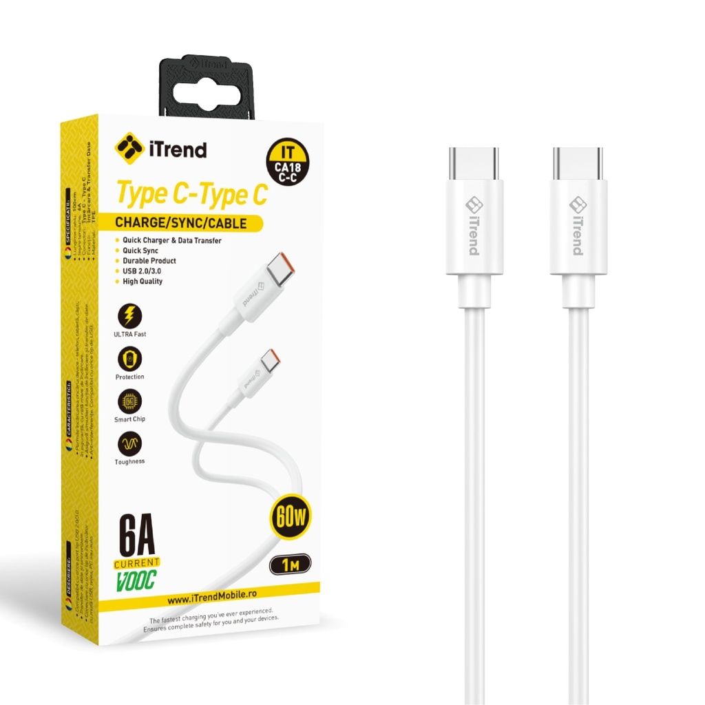 [CA18C-C-WH] Cablu Date si Incarcare, USB-C la USB-C, VOOC, 1m, ALB (CA18C-C)