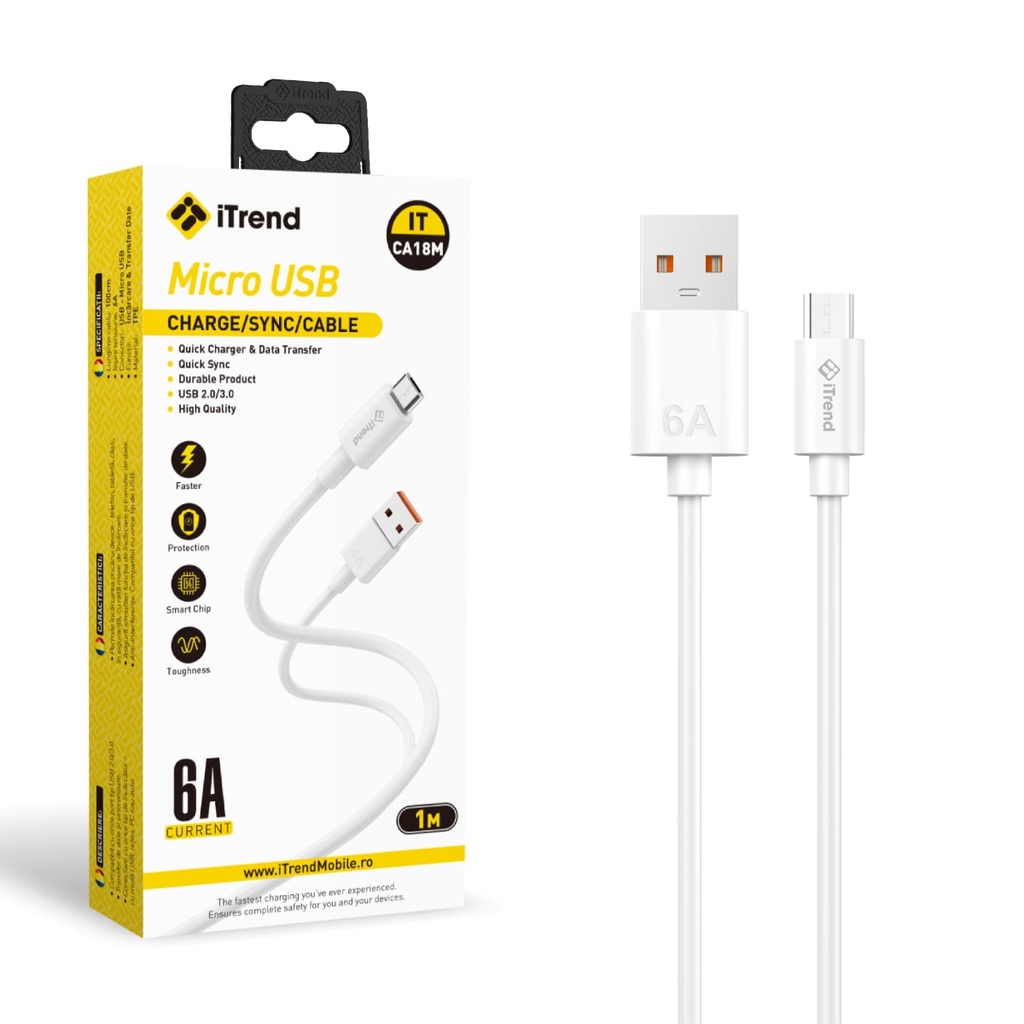 [CA18M-WH] Cablu Date si Incarcare, USB-A la Micro-USB, 1m, ALB (CA18M)