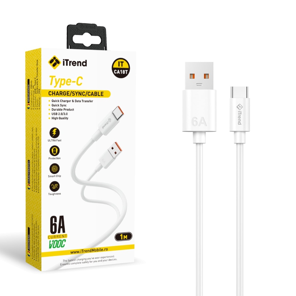 Data and Charging Cable, USB-A to USB-C, VOOC, 1m, WHITE (CA18T)