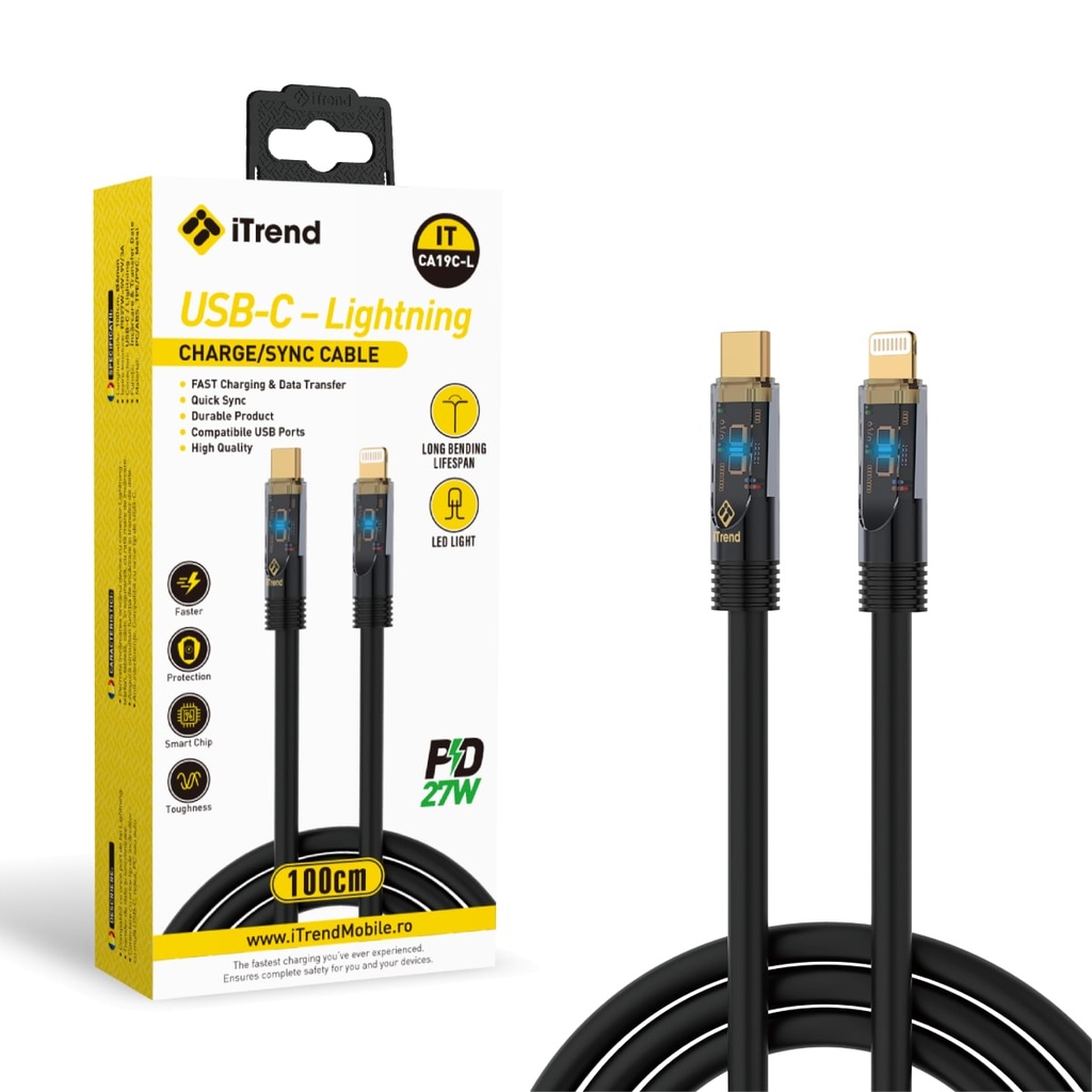 Cablu Date si Incarcare, USB-C la Lightning, LED Power, 1m, NEGRU (CA19C-L)