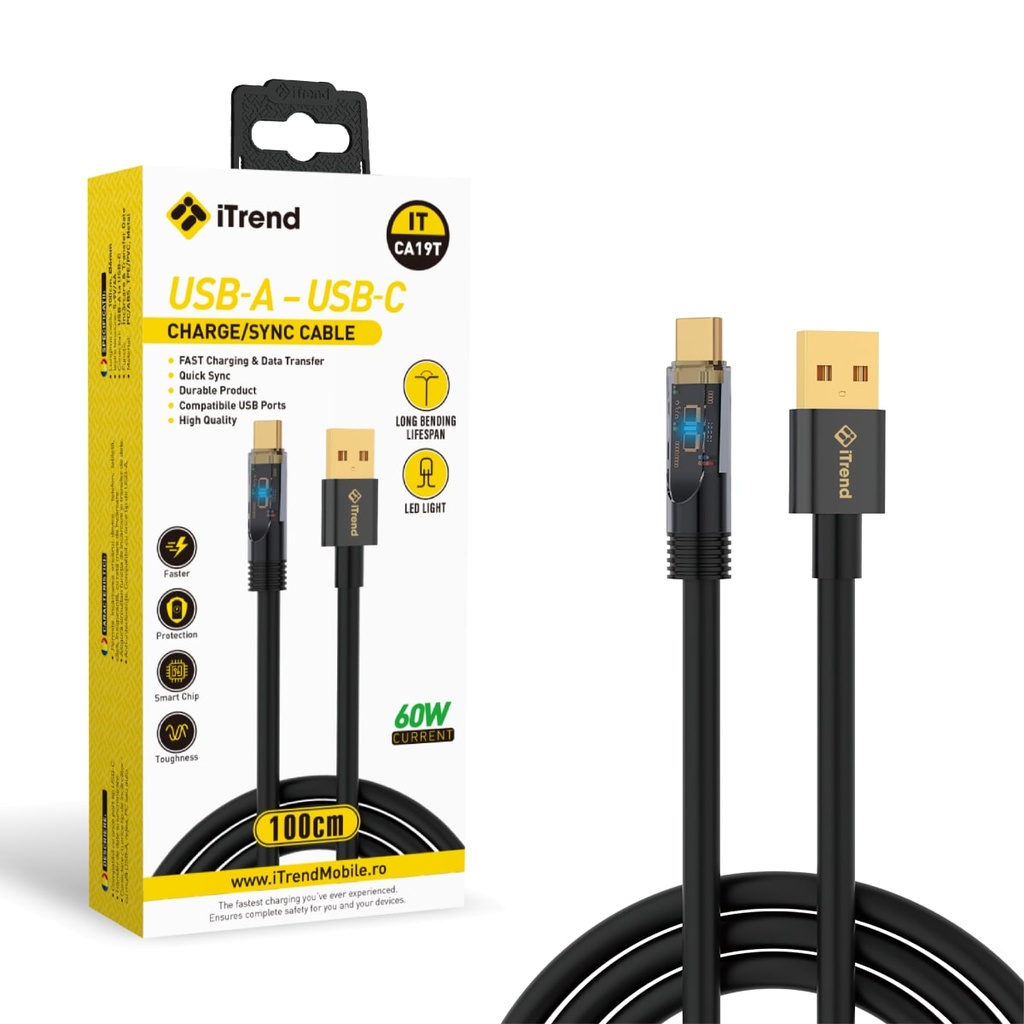 [CA19T-BK] Data and Charging Cable, USB-A to USB-C, LED Power, 1m, BLACK (CA19T)