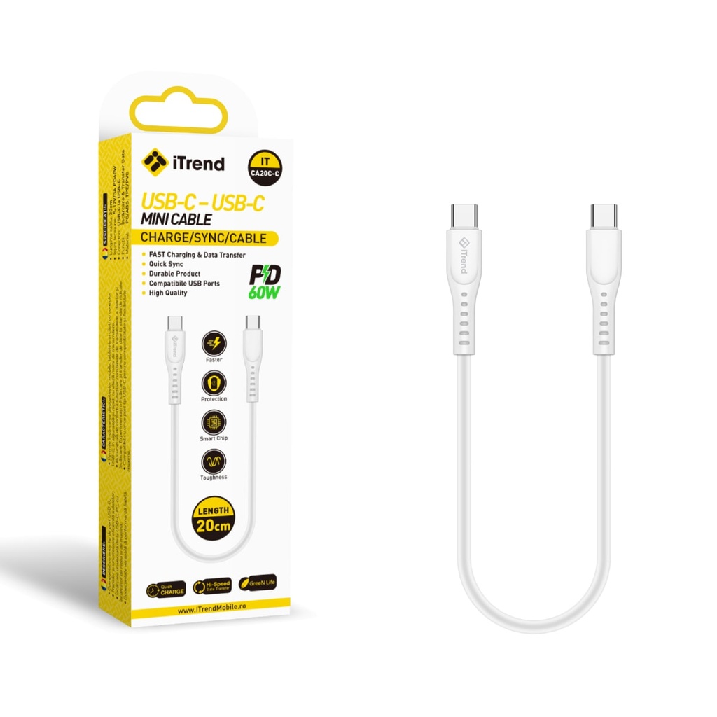 [CA20C-C-WH] Cablu Date si Incarcare, USB-C la USB-C, 20cm, ALB (CA20C-C)