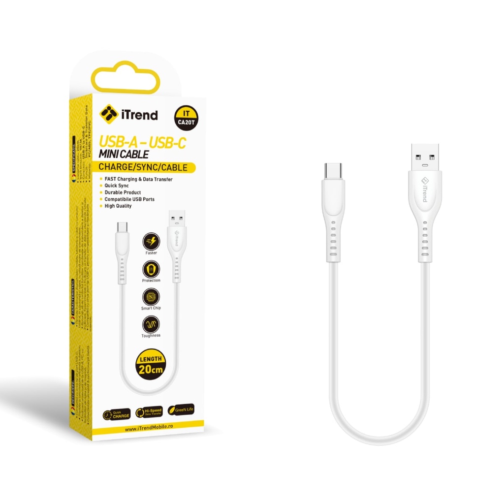 Cablu Date si Incarcare, USB-A la USB-C, 20cm, ALB (CA20T)