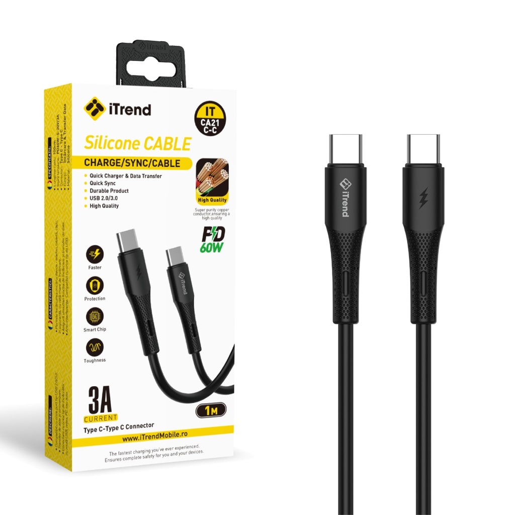 [CA21C-C-BK] Cablu Date si Incarcare, USB-C la USB-C, 1m, NEGRU (CA21C-C)