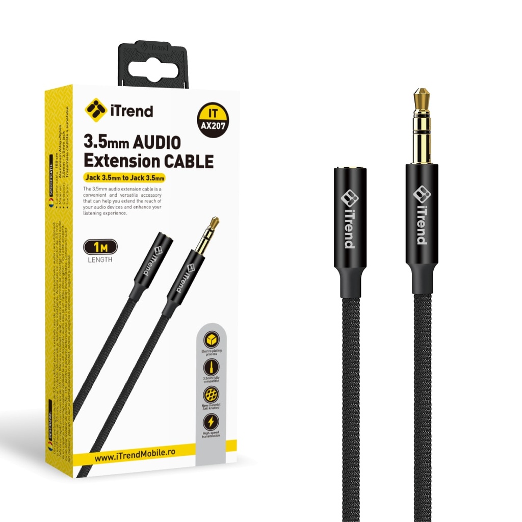 [AX207-BK] Audio Cable, 3.5mm (F) to 3.5mm (M), 1m, BLACK (AX207)