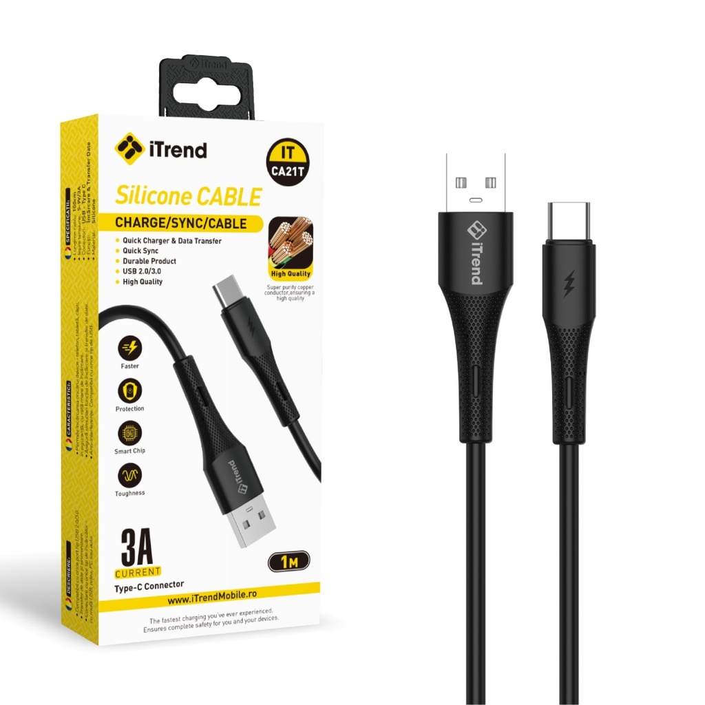 Cablu Date si Incarcare, USB-A la USB-C, 1m, NEGRU (CA21T)