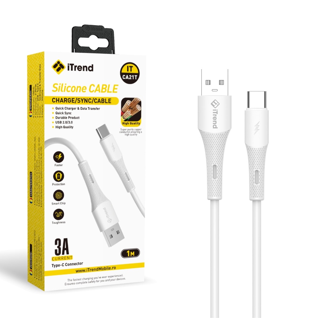 Cablu Date si Incarcare, USB-A la USB-C, 1m, ALB (CA21T)