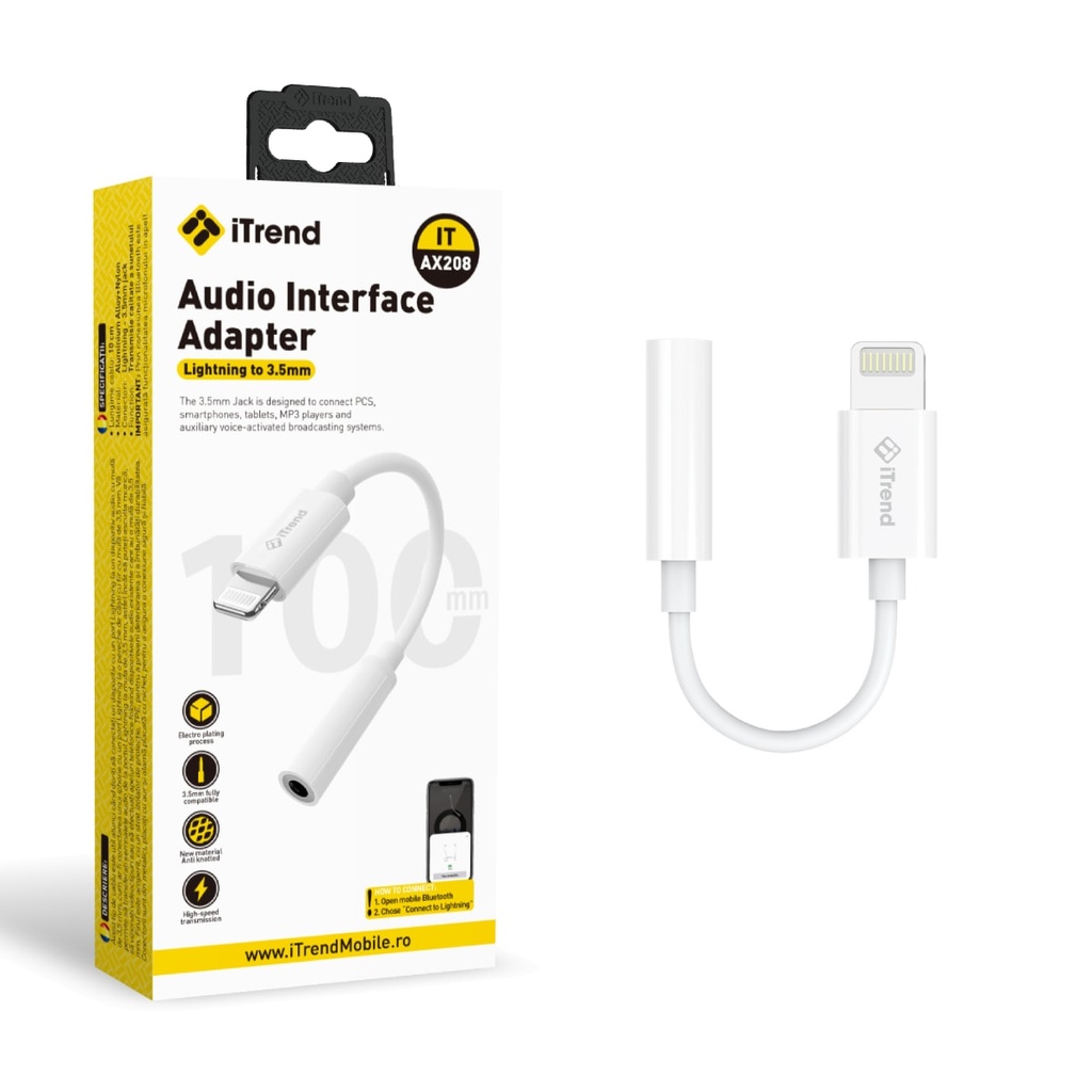 [AX208-WH] Audio Cable, Lightning to 3.5mm (F), 10cm, WHITE (AX208)
