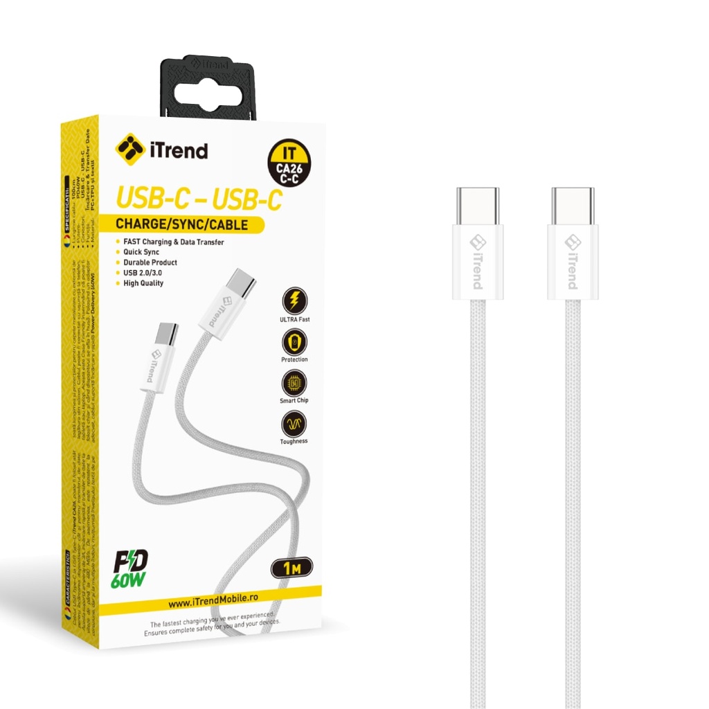 [CA26C-C-WH] Cablu Date si Incarcare, USB-C la USB-C, 1m, ALB (CA26C-C)