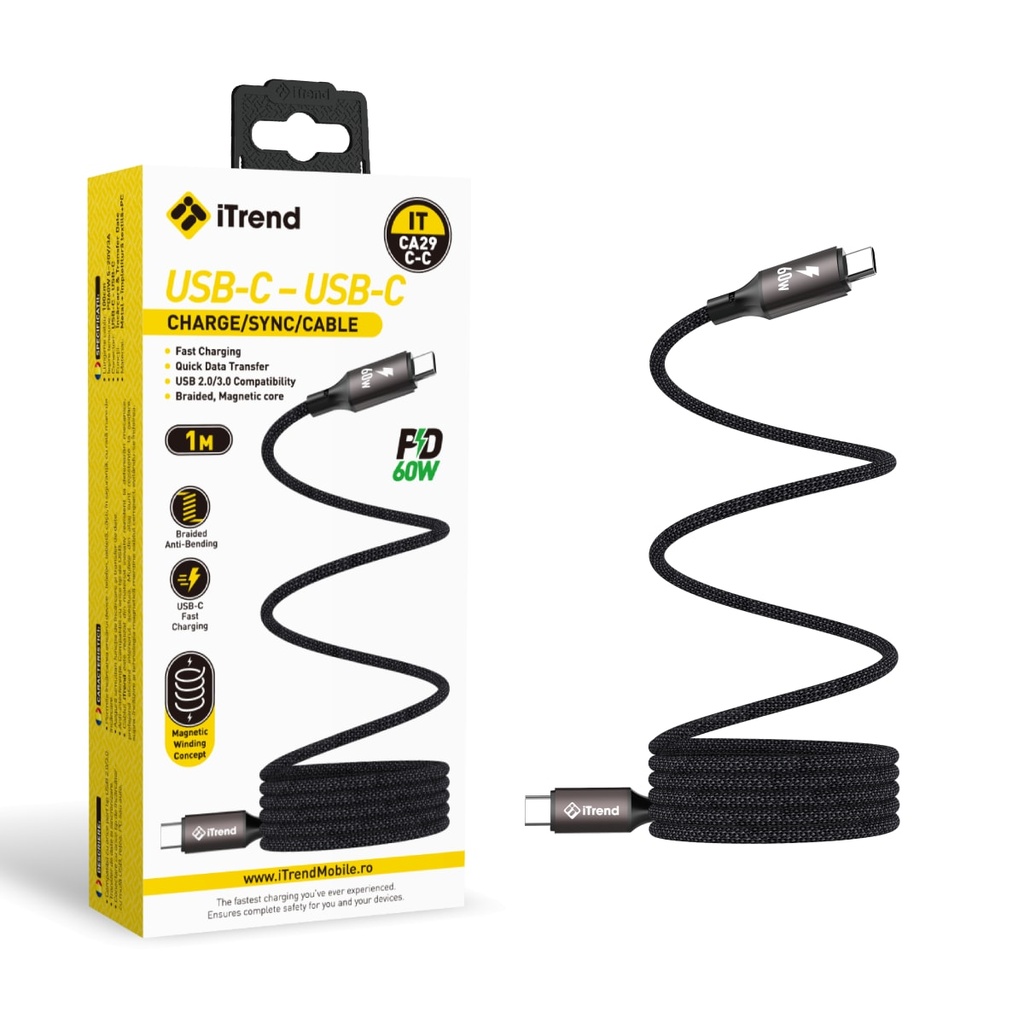 [CA29C-C-BK] Cablu Date si Incarcare, USB-C la USB-C, Anti-Twist, Magnetic Core, 1m, NEGRU (CA29C-C)