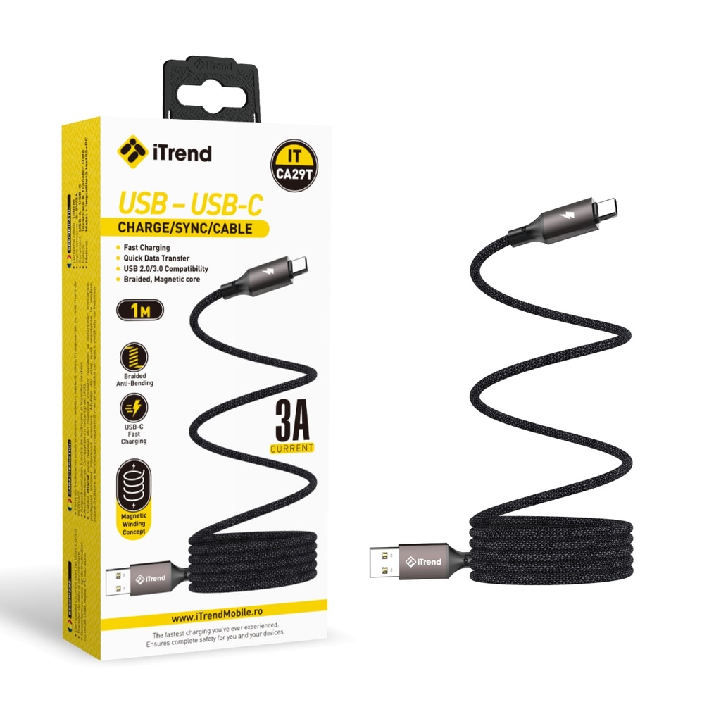 Cablu Date si Incarcare, USB-A la USB-C, Anti-Twist, Magnetic Core, 1m, NEGRU (CA29T)