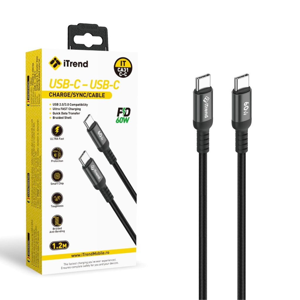Cablu Date si Incarcare, USB-C la USB-C, 1.2m, NEGRU (CA31C-C)