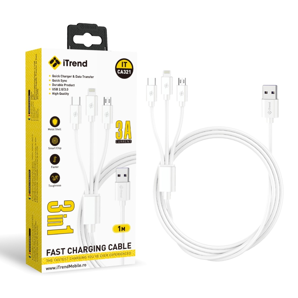 [CA321-WH] Data and Charging Cable, USB-A to USB-C / Lightning / Micro-USB, 1m, WHITE (CA321)