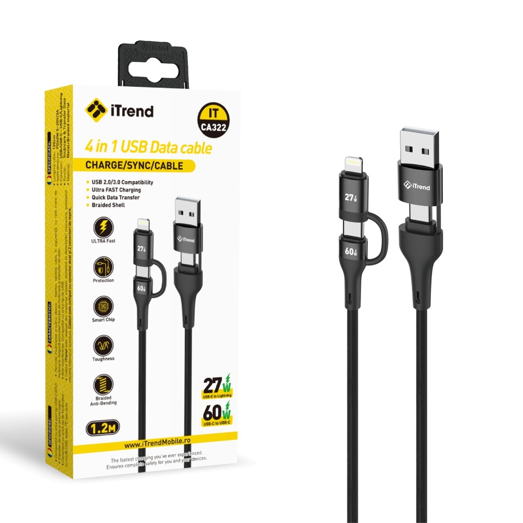 [CA322-BK] Data and Charging Cable, USB-A / USB-C to USB-C / Lightning, 1.2m, BLACK (CA322)