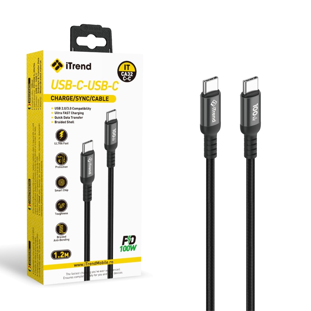 Cablu Date si Incarcare, USB-C la USB-C, 1.2m, NEGRU (CA32C-C)