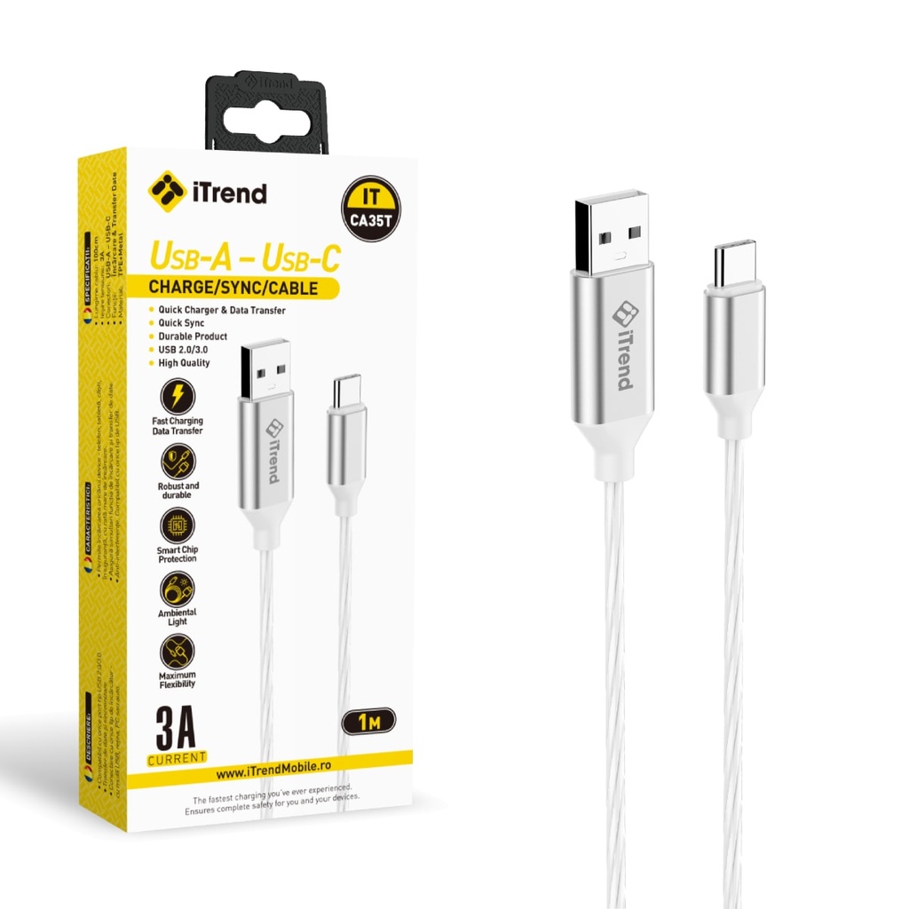 Data and Charging Cable, USB-A to USB-C, 1m, WHITE (CA35T)