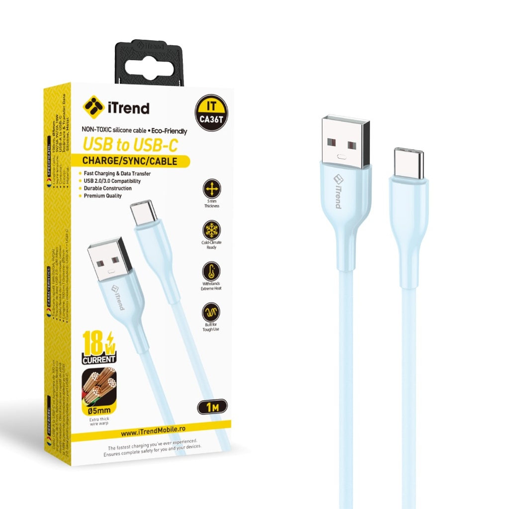 Cablu Date si Incarcare, USB-A la USB-C, 1m, BLUE (CA36T)