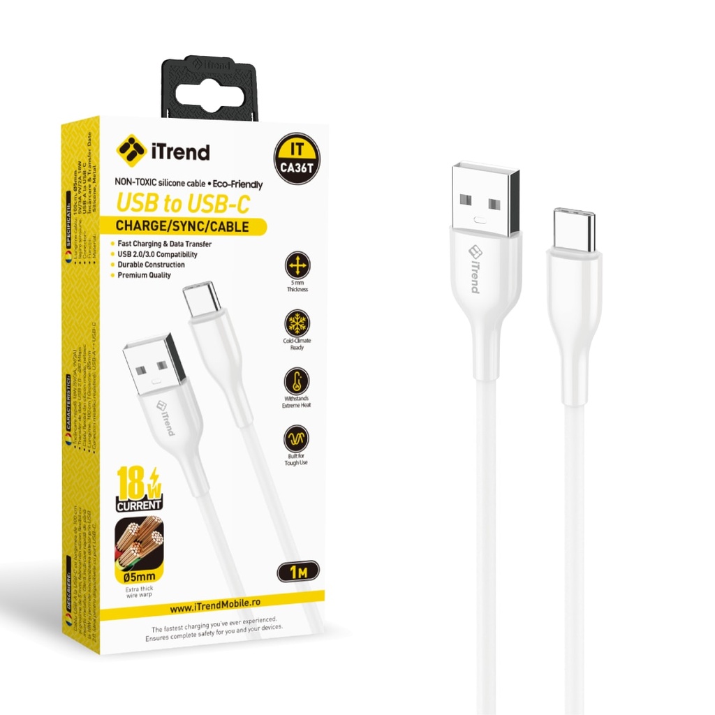 Cablu Date si Incarcare, USB-A la USB-C, 1m, ALB (CA36T)