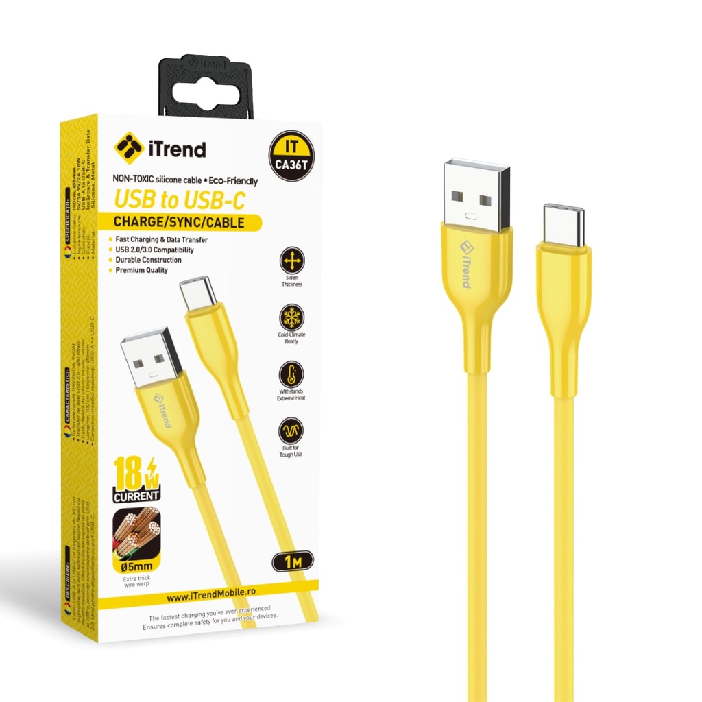 Cablu Date si Incarcare, USB-A la USB-C, 1m, GALBEN (CA36T)
