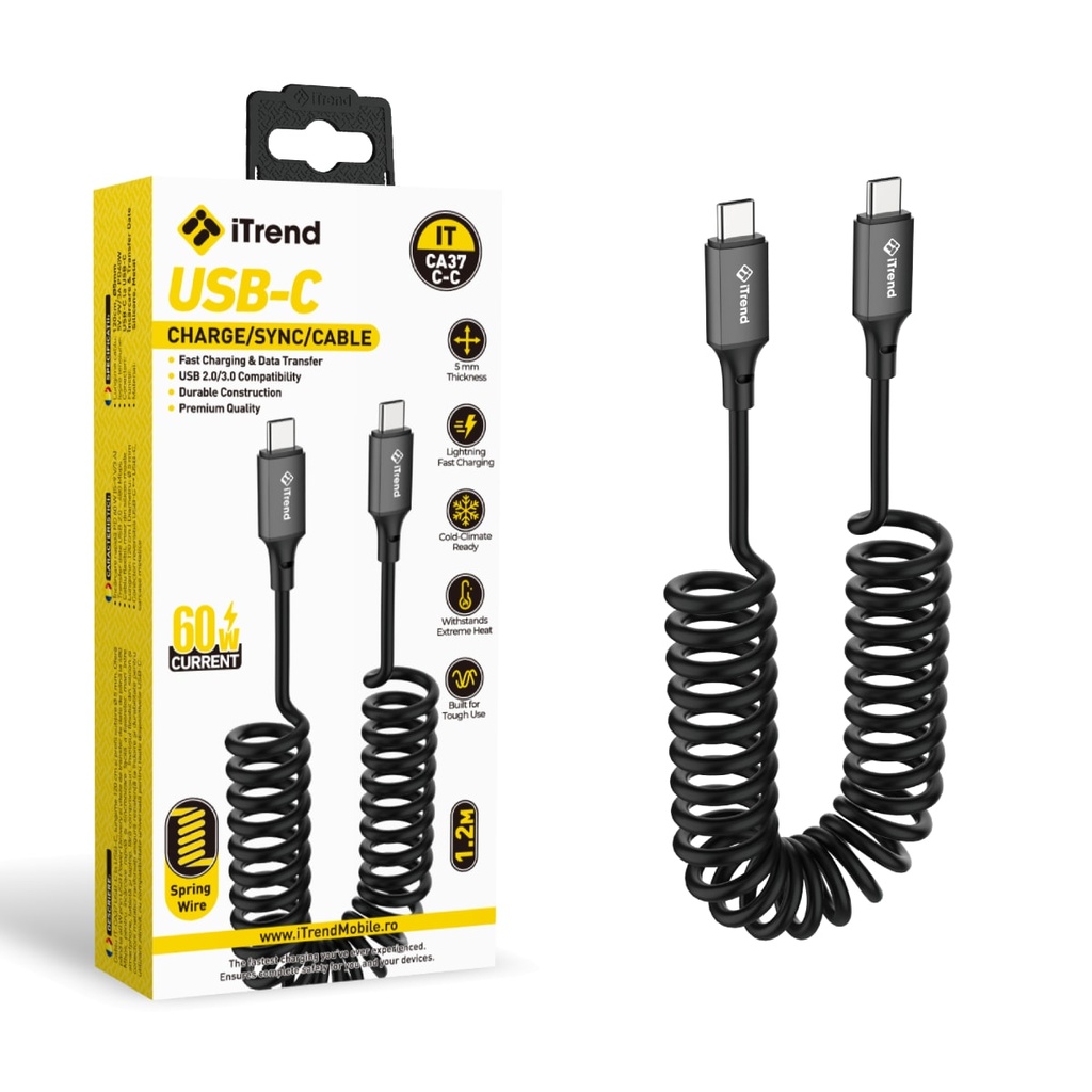 [CA37C-C-BK] Cablu Date si Incarcare, USB-C la USB-C, Wire Spring, 1.2m, NEGRU (CA37C-C)