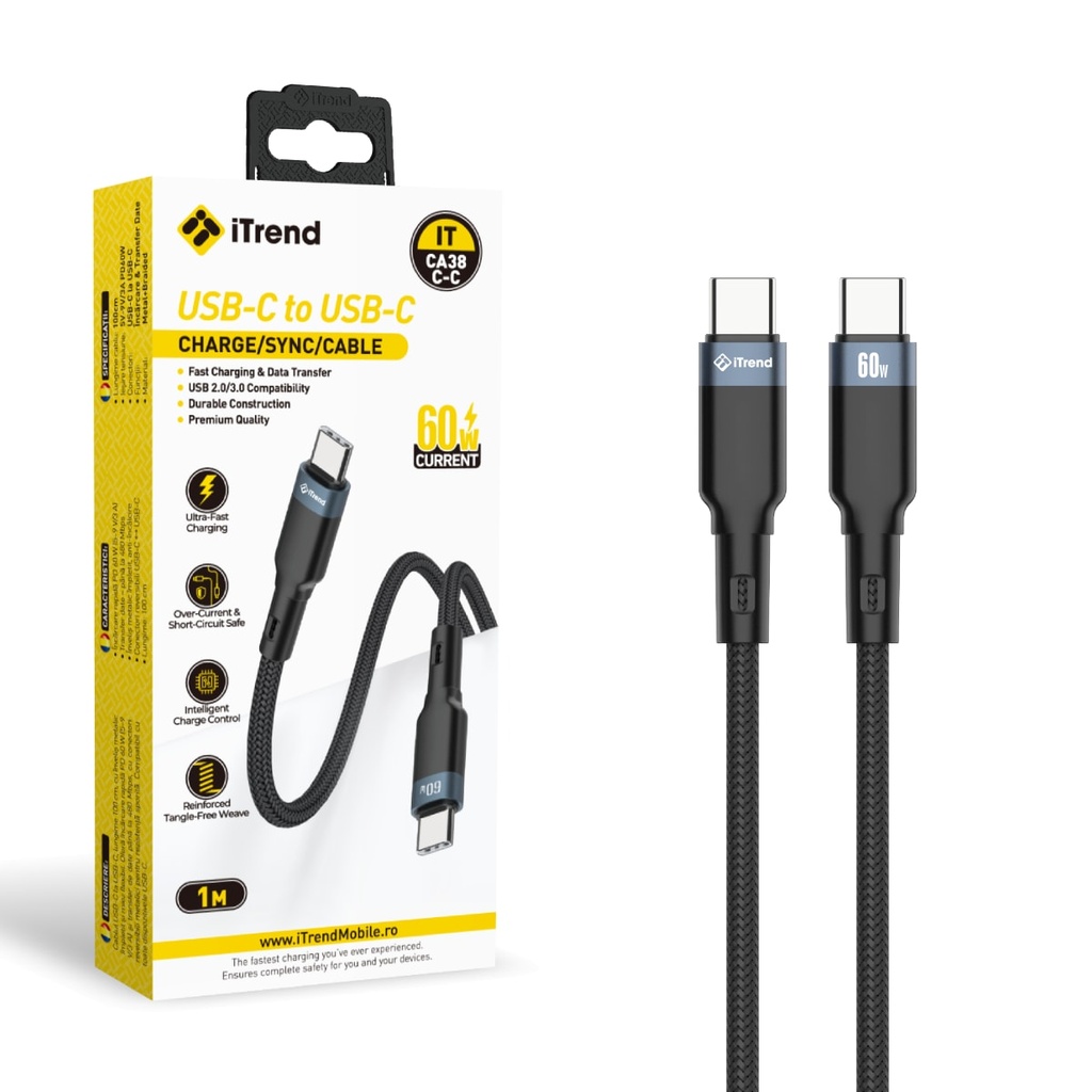 [CA38C-C-BK] Cablu Date si Incarcare, USB-C la USB-C, 1m, NEGRU (CA38C-C)