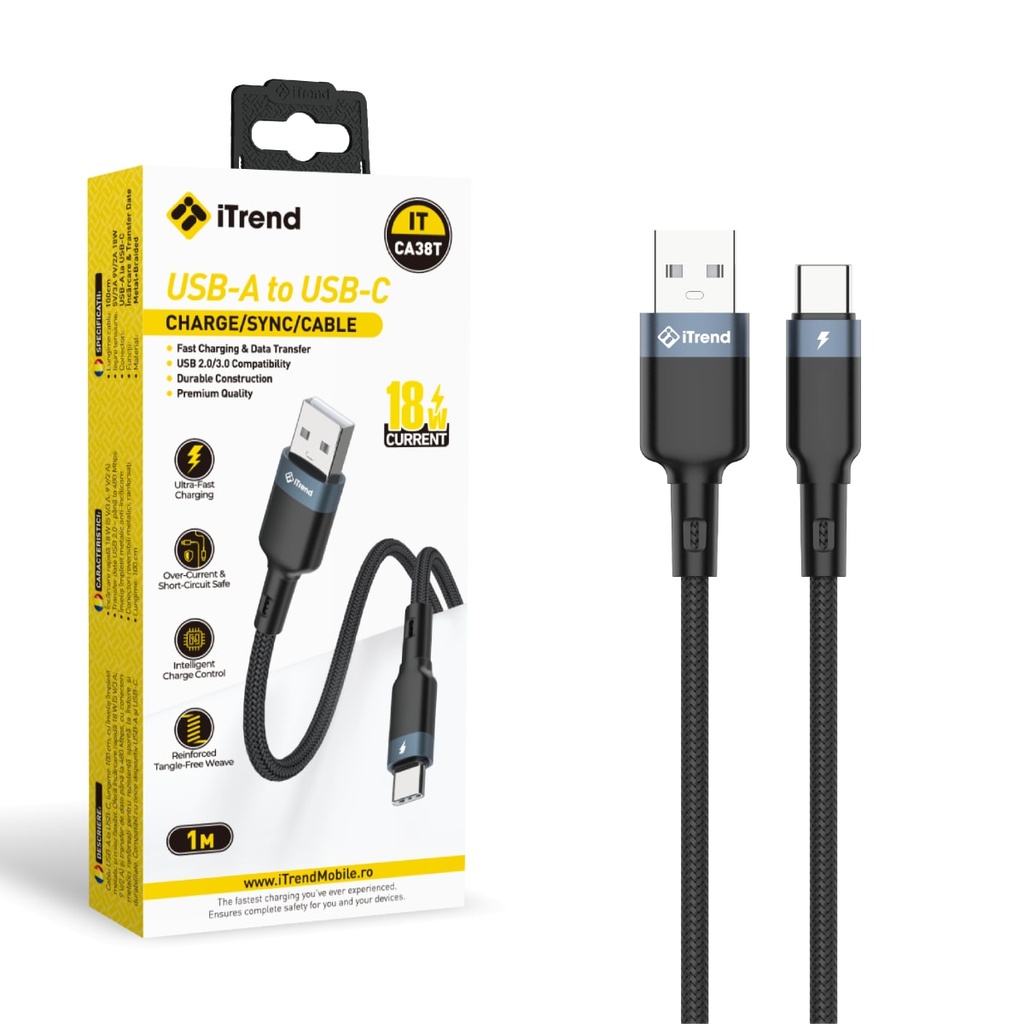 [CA38T-BK] Data and Charging Cable, USB-A to USB-C, 1m, BLACK (CA38T)