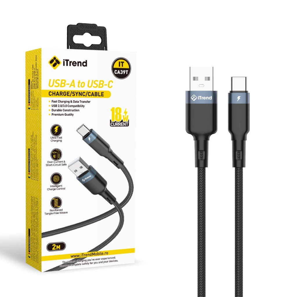 Cablu Date si Incarcare, USB-A la USB-C, 2m, NEGRU (CA39T)
