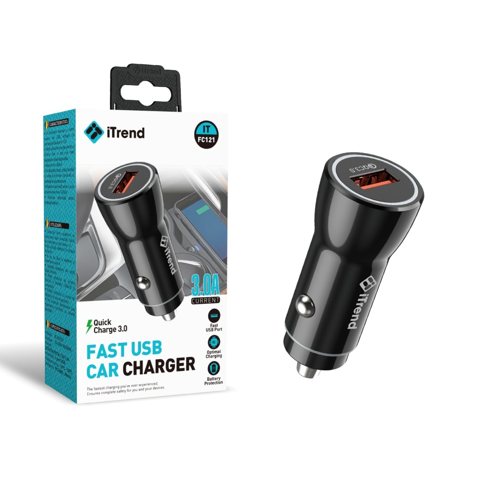 [FC121-BK] Car Charger, 3A, 1xUSB-A, QC3.0, BLACK (FC121)