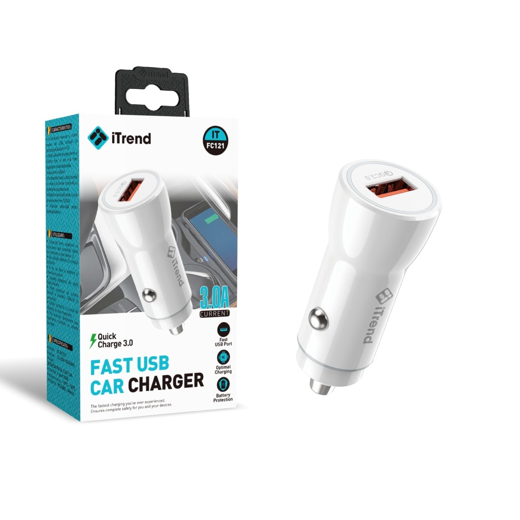 [FC121-WH] Incarcator Auto, 3A, 1xUSB-A, QC3.0, ALB (FC121)