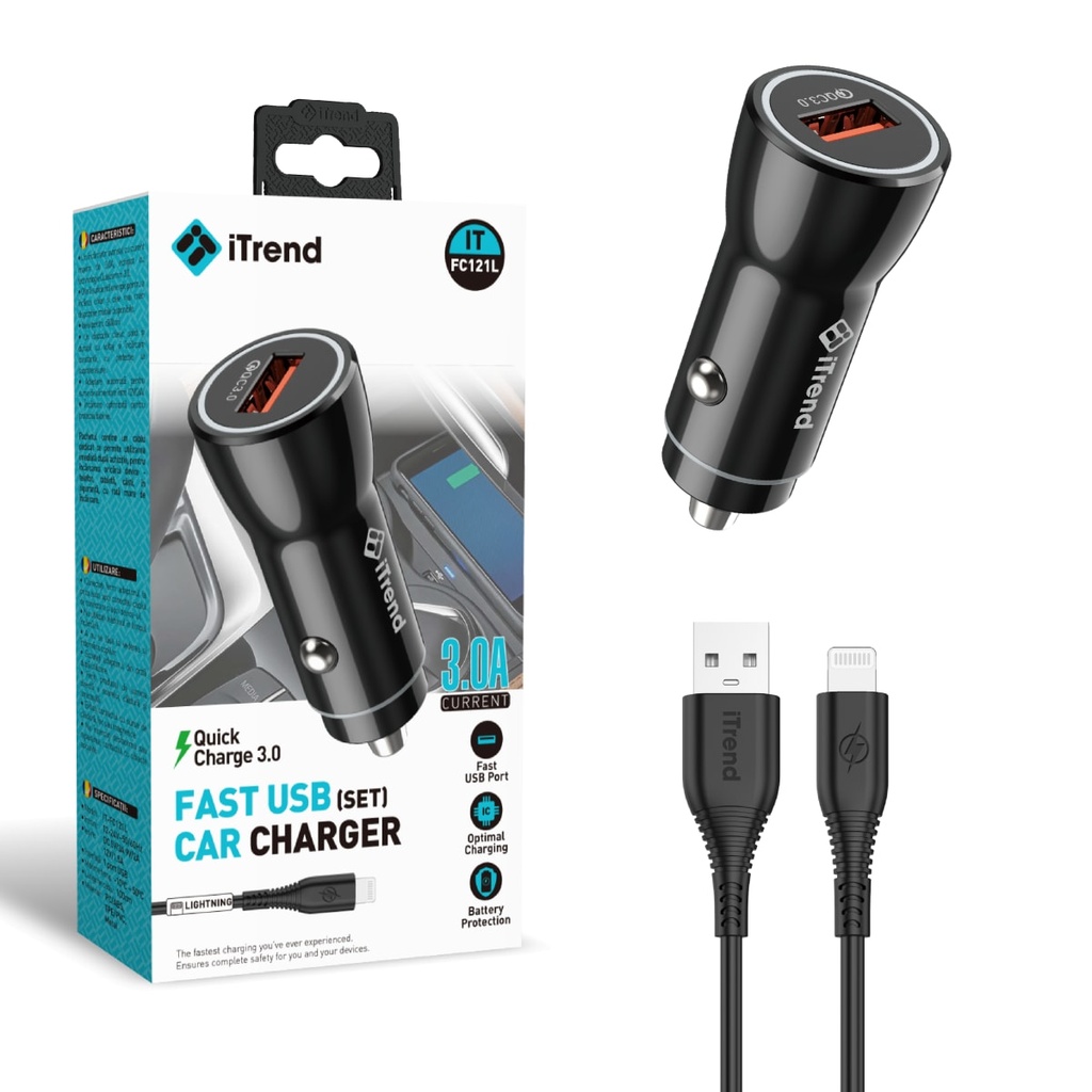 [FC121L-BK] Incarcator Auto cu Cablu Lightning, 1m, 3A, 1xUSB-A, QC3.0, NEGRU (FC121L)
