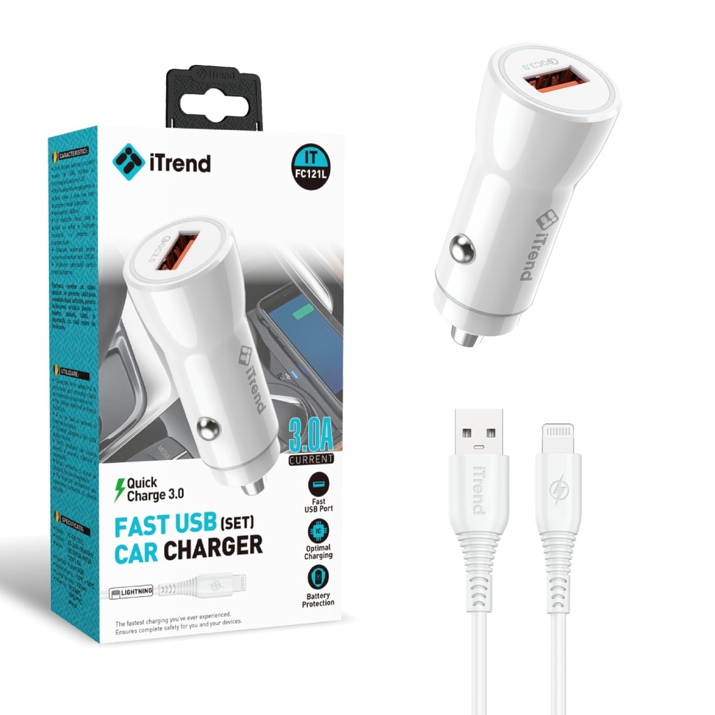 [FC121L-WH] Incarcator Auto cu Cablu Lightning, 1m, 3A, 1xUSB-A, QC3.0, ALB (FC121L)