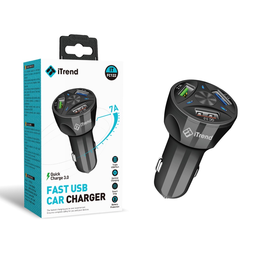 [FC122-BK] Incarcator Auto, 7A, 1xUSB-A + 2xUSB-A, QC3.0, NEGRU (FC122)