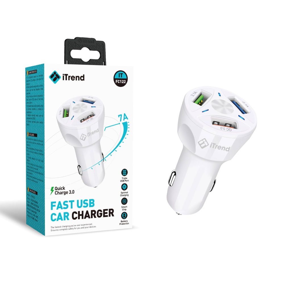 [FC122-WH] Incarcator Auto, 7A, 1xUSB-A + 2xUSB-A, QC3.0, ALB (FC122)