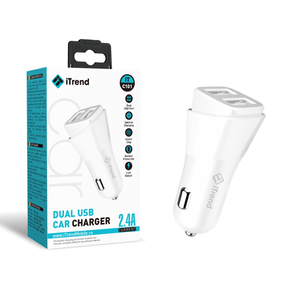 [C101-WH] Incarcator Auto, 2.4A, 2xUSB-A, ALB (C101)