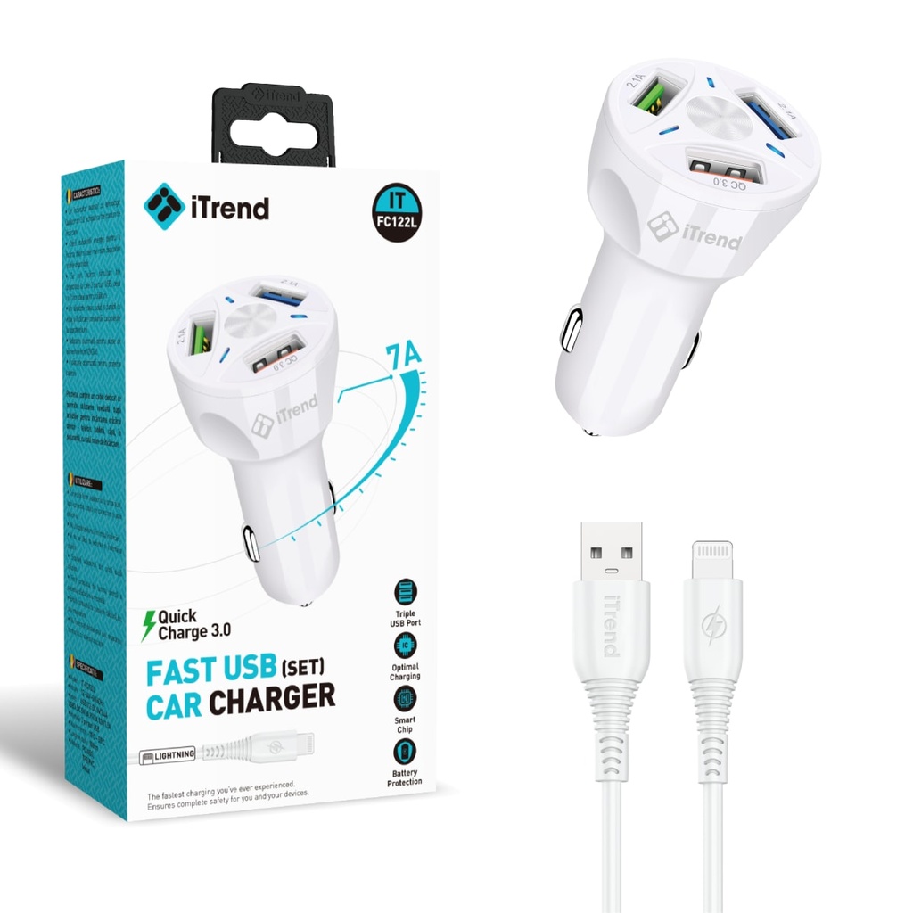 [FC122L-WH] Incarcator Auto cu Cablu Lightning, 1m, 7A, 1xUSB-A + 2xUSB-A, QC3.0, ALB (FC122L)