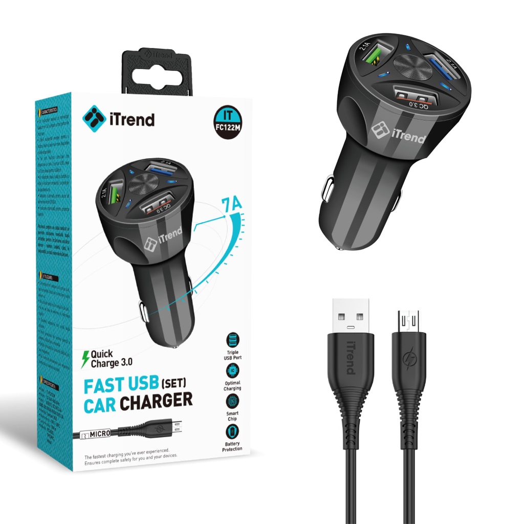 [FC122M-BK] Incarcator Auto cu Cablu Micro-USB, 1m, 7A, 1xUSB-A + 2xUSB-A, QC3.0, NEGRU (FC122M)