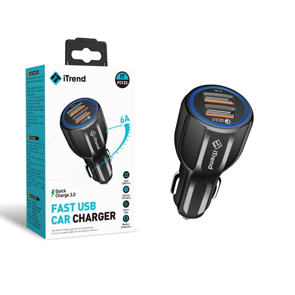 [FC123-BK] Car Charger, 6A, 1xUSB-A + 1xUSB-A, QC3.0, BLACK (FC123)