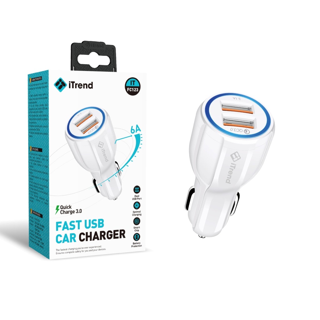 [FC123-WH] Car Charger, 6A, 1xUSB-A + 1xUSB-A, QC3.0, WHITE (FC123)