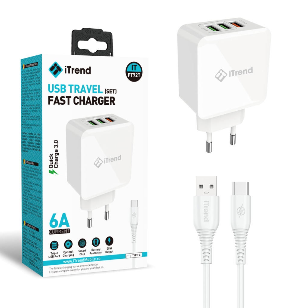 [FT72T-WH] Incarcator Retea cu Cablu USB-C, 1m, 6A, 1xUSB-A + 2xUSB-A, QC3.0, ALB (FT72T)