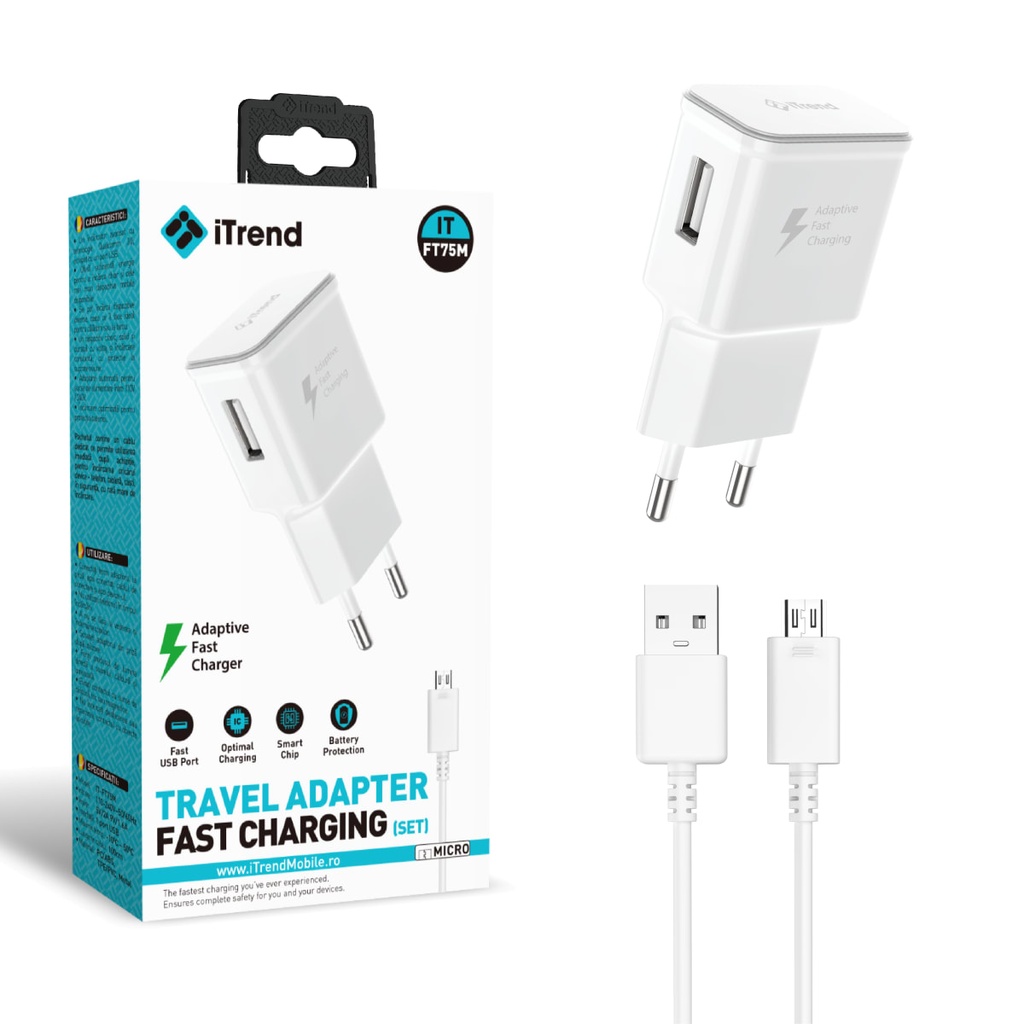 [FT75M-WH] Incarcator Retea cu Cablu Micro-USB, 1m, 1xUSB-A, ALB (FT75M)