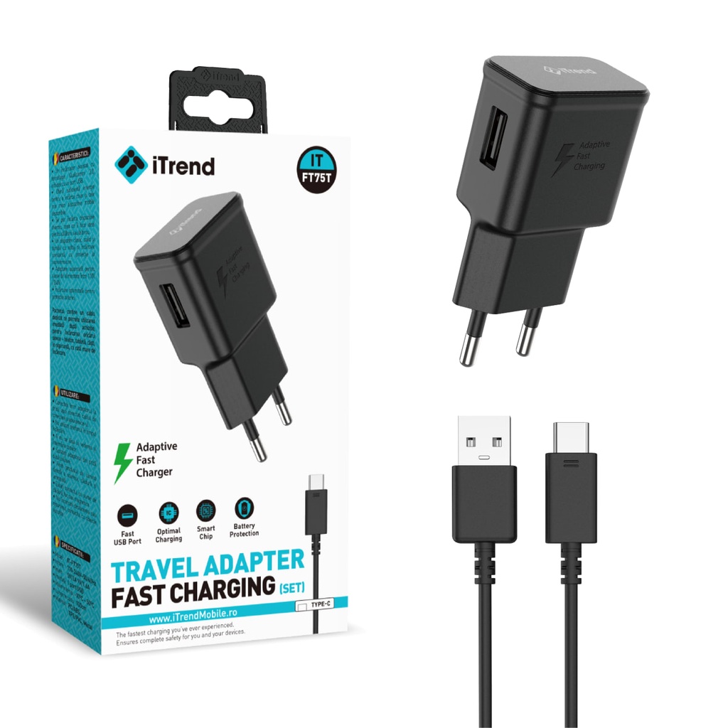 [FT75T-BK] Incarcator Retea cu Cablu USB-C, 1m, 1xUSB-A, NEGRU (FT75T)