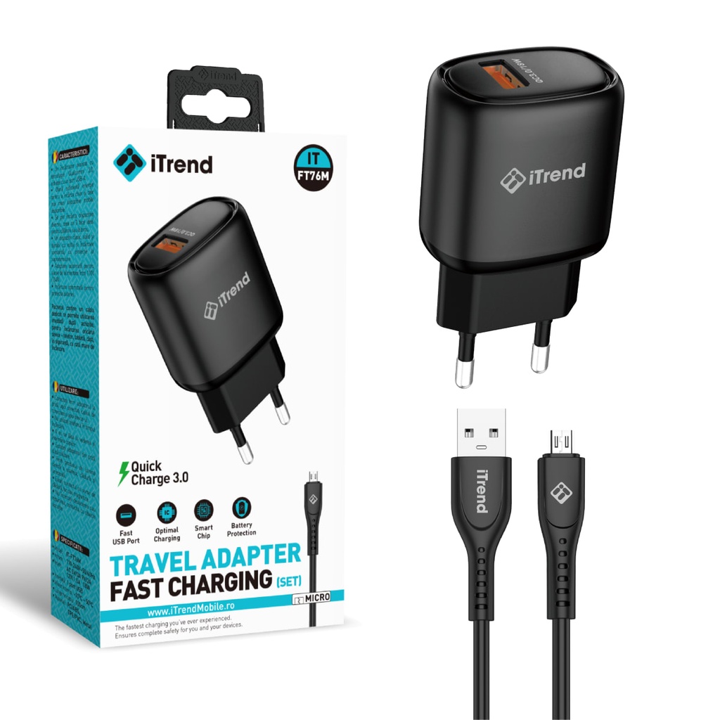 [FT76M-BK] Incarcator Retea cu Cablu Micro-USB, 1m, 1xUSB-A, QC3.0, NEGRU (FT76M)