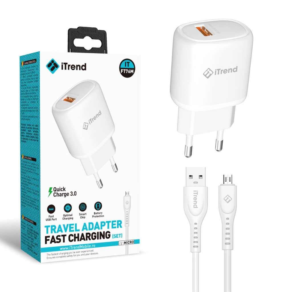 [FT76M-WH] Network Charger with Micro-USB Cable, 1m, 1xUSB-A, QC3.0, WHITE (FT76M)