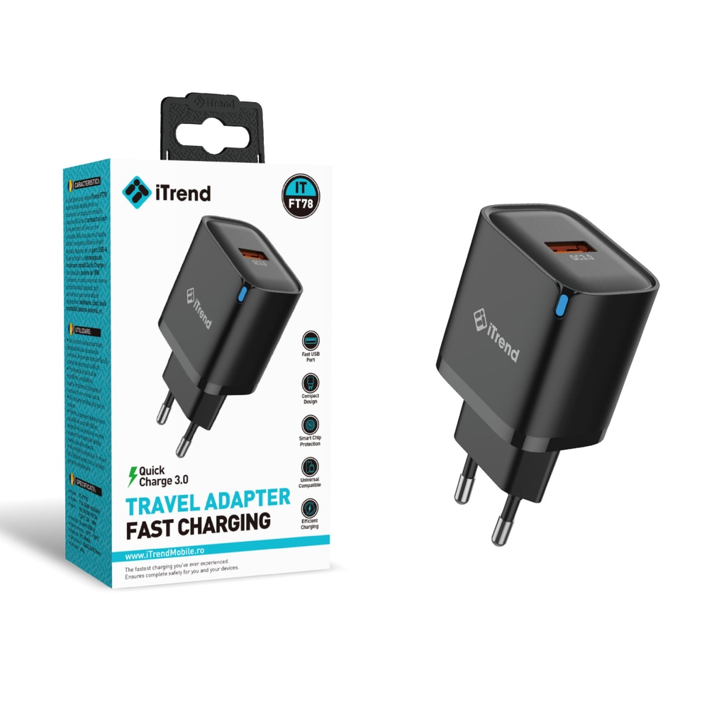 [FT78-BK] Incarcator Retea, 1xUSB-A, QC3.0, NEGRU (FT78)