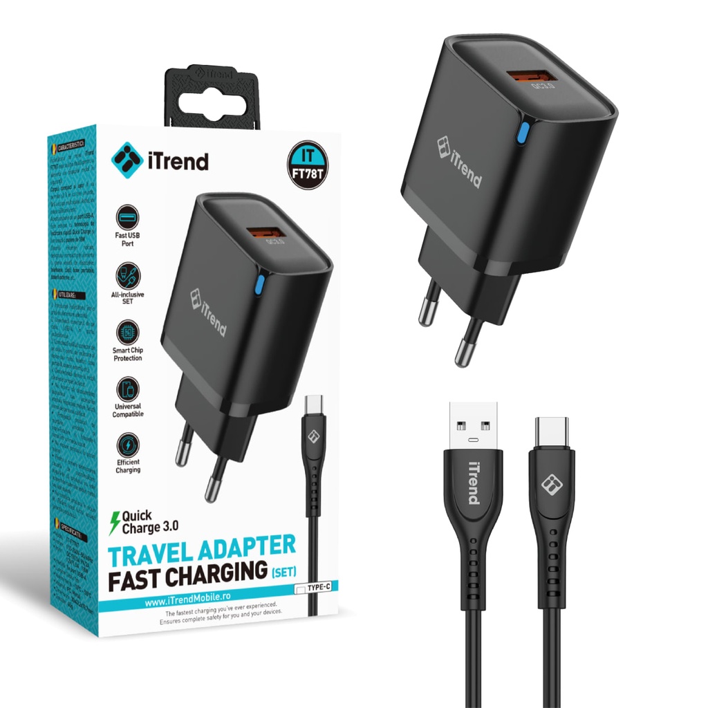 [FT78T-BK] Incarcator Retea cu Cablu USB-C, 1m, 1xUSB-A, QC3.0, NEGRU (FT78T)