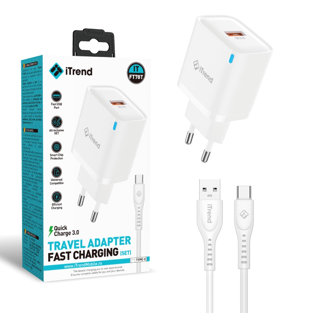 [FT78T-WH] Incarcator Retea cu Cablu USB-C, 1m, 1xUSB-A, QC3.0, ALB (FT78T)