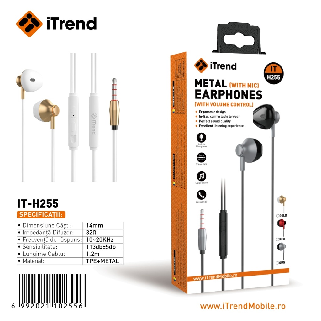 [H255-GL] Casti cu Fir, 3.5mm, 1.2m, EarBuds, Microfon si Volum pe Fir, GOLD (H255)