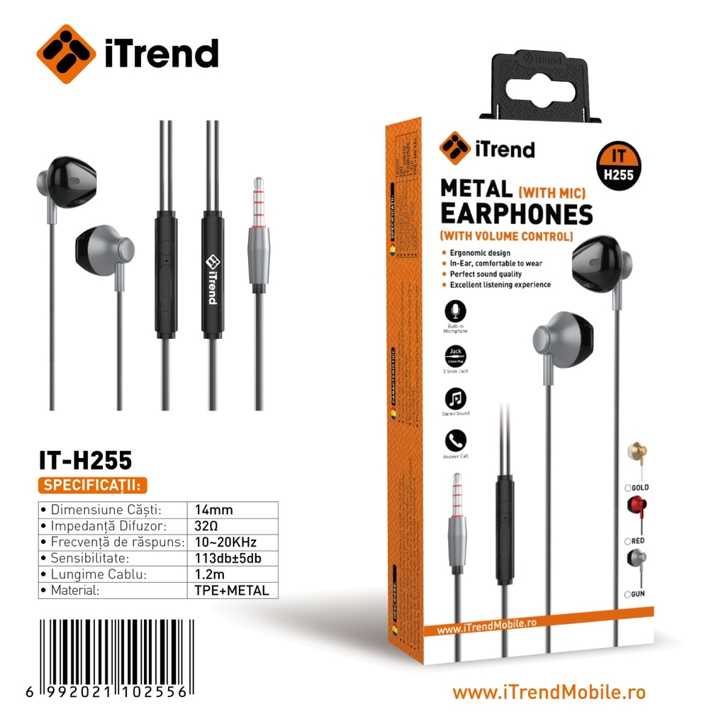 [H255-GY] Wired Earphones, 3.5mm, 1.2m, EarBuds, In-Line Microphone and Volume, GRAY (H255)