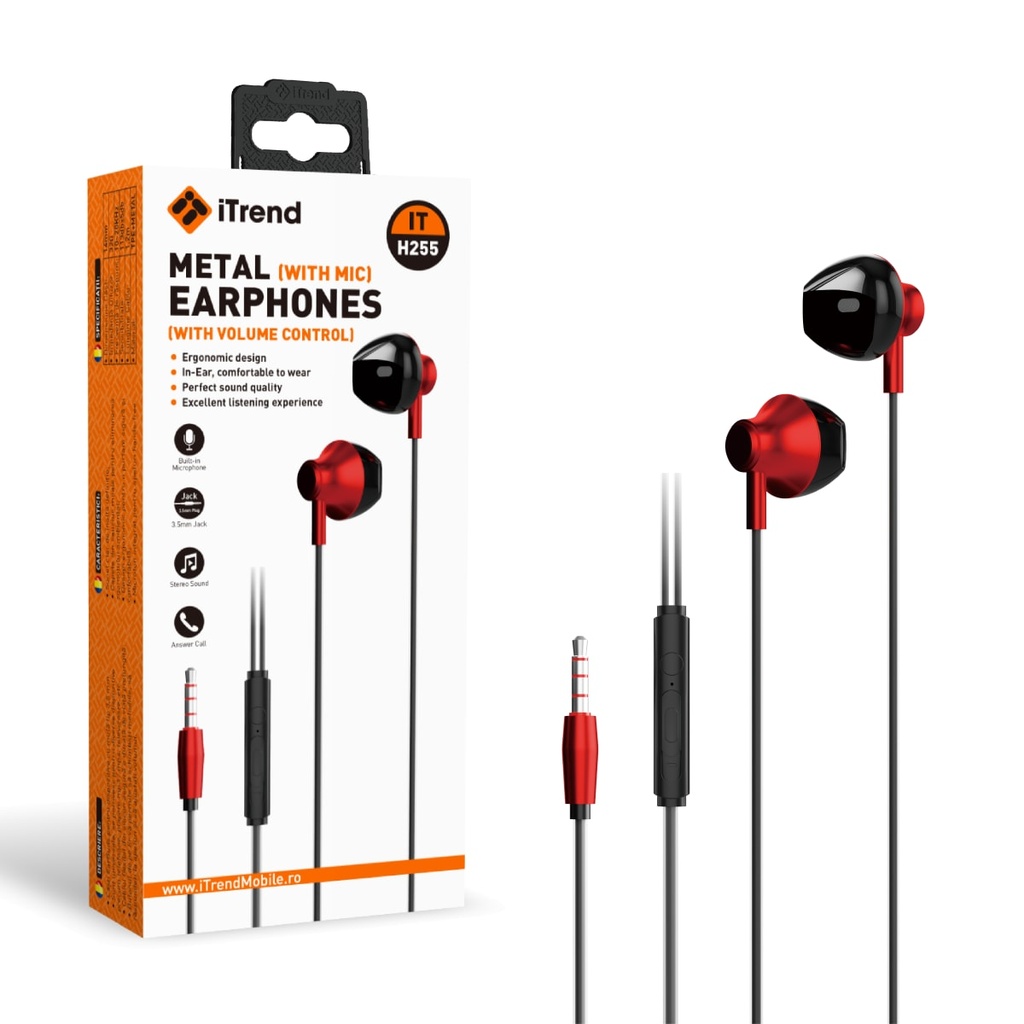 [H255-RD] Casti cu Fir, 3.5mm, 1.2m, EarBuds, Microfon si Volum pe Fir, ROSU (H255)